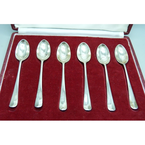 854 - A cased set of six silver spoons with rattail pattern, each hallmarked from a different assay office... 