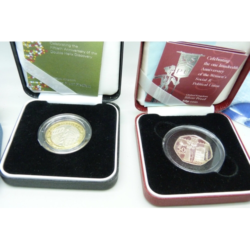 855 - Five The Royal Mint coins; 2003 silver proof Piedford DNA £2 coin, 2003 silver proof 50p, 2008 UK Ol... 