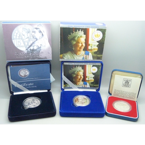 Three silver crowns; Royal Mint silver proof Victorian Anniversary ...