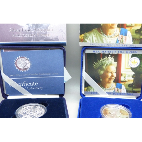 860 - Three silver crowns; Royal Mint silver proof Victorian Anniversary crown; 2002 Golden Jubilee and 19... 