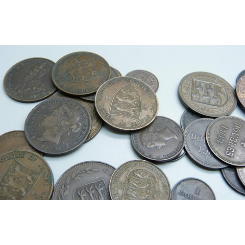 863 - Forty-five Jersey/Guernsey pre-decimal copper coins, 1830 onwards