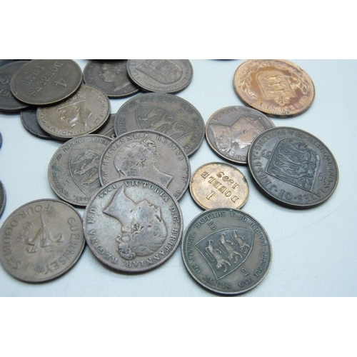 863 - Forty-five Jersey/Guernsey pre-decimal copper coins, 1830 onwards