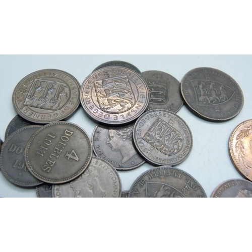 863 - Forty-five Jersey/Guernsey pre-decimal copper coins, 1830 onwards