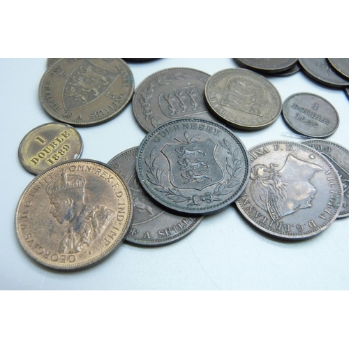 863 - Forty-five Jersey/Guernsey pre-decimal copper coins, 1830 onwards