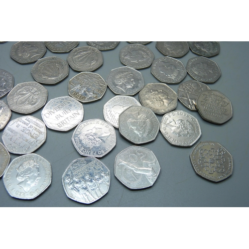 864 - One hundred mixed commemorative 50p coins