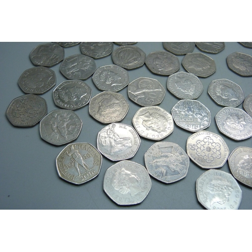 864 - One hundred mixed commemorative 50p coins