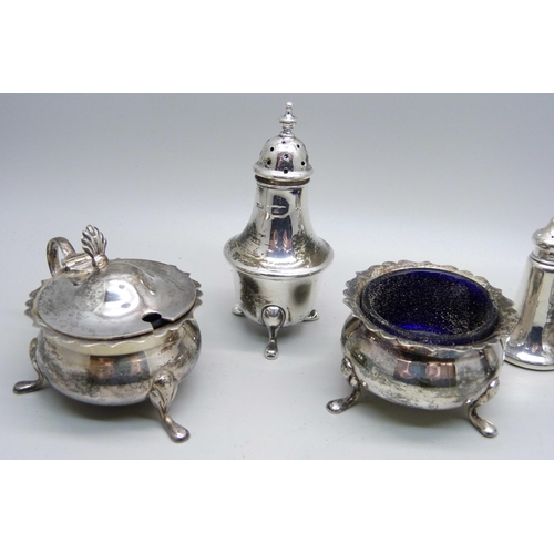 874 - Two silver pepper pots and three silver condiments, 164g