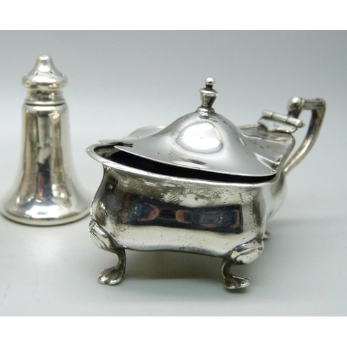 874 - Two silver pepper pots and three silver condiments, 164g