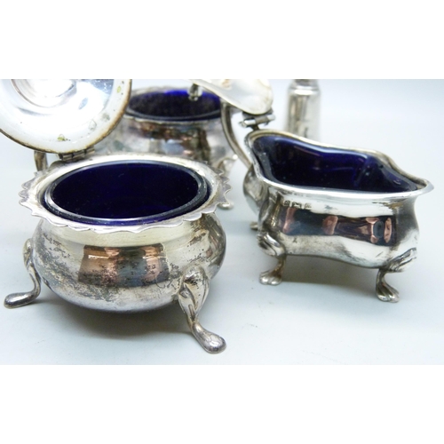 874 - Two silver pepper pots and three silver condiments, 164g