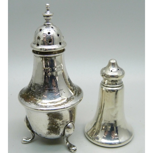 874 - Two silver pepper pots and three silver condiments, 164g