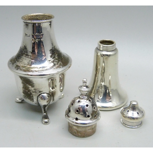 874 - Two silver pepper pots and three silver condiments, 164g