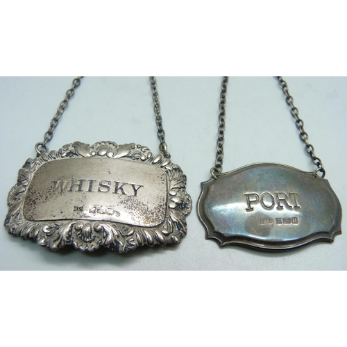 877 - Two silver decanter labels, whisky and port, 22g