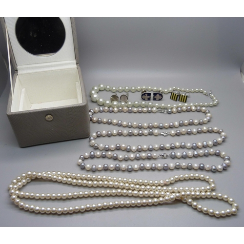 886 - Two white and grey pearl necklaces, two other necklaces and three pairs of cufflinks