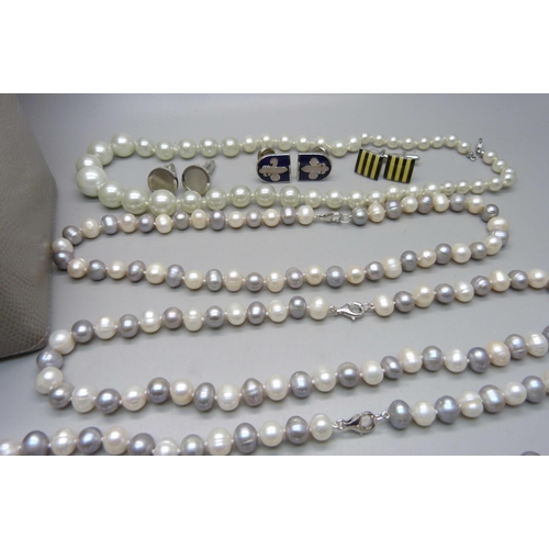 886 - Two white and grey pearl necklaces, two other necklaces and three pairs of cufflinks