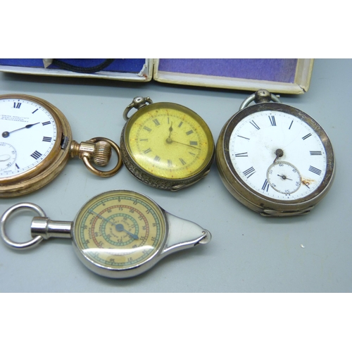 892 - Three pocket watches including two silver, all a/f, a rolling map measure and a cased voltmeter