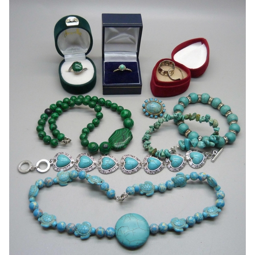 894 - A collection of turquoise and malachite jewellery and three silver rings