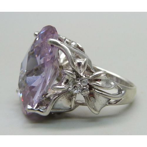 956 - A large silver and purple stone ring with white stone set shoulders, 15g, stone 2.3cm x 1.5cm