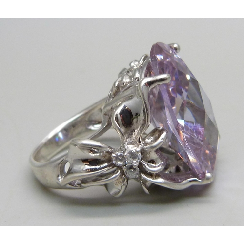 956 - A large silver and purple stone ring with white stone set shoulders, 15g, stone 2.3cm x 1.5cm