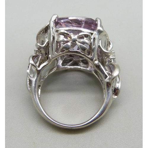 956 - A large silver and purple stone ring with white stone set shoulders, 15g, stone 2.3cm x 1.5cm