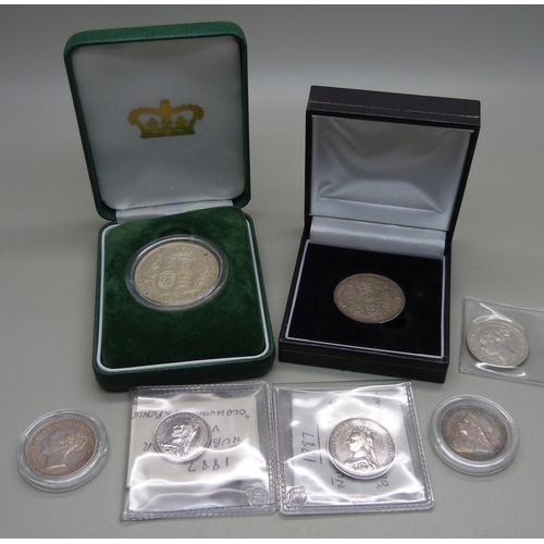 968 - Eight Victorian silver coins, 1874 half-crown, two Gothic florins, 1849 x 2, four one shilling, 1877... 