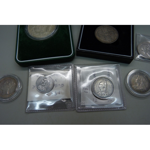 968 - Eight Victorian silver coins, 1874 half-crown, two Gothic florins, 1849 x 2, four one shilling, 1877... 