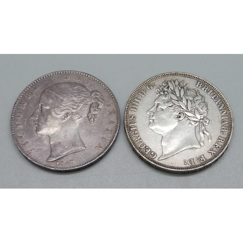 971 - Two silver crowns, George IV 1821 and Victorian 1847