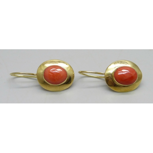 973 - A pair of 18ct gold and coral earrings, 4.2g, 2.9cm