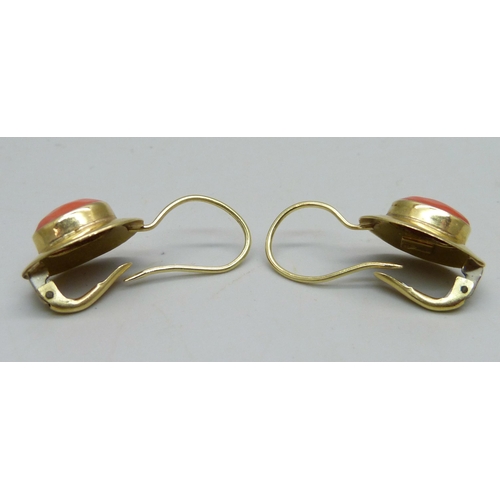 973 - A pair of 18ct gold and coral earrings, 4.2g, 2.9cm