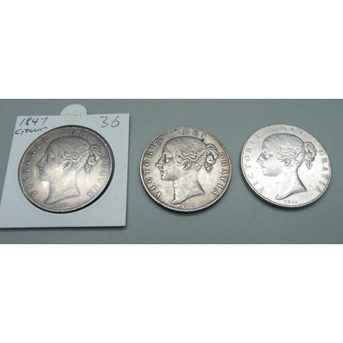 974 - Three Victorian silver crowns, 1844 x 2 and 1847