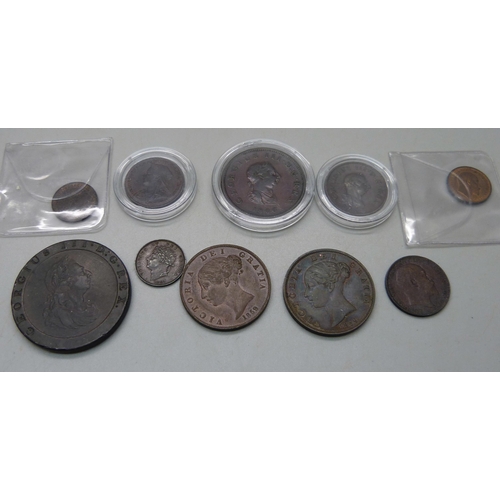 975 - A collection of coins, George III to Edward VII, including three Third-farthings, George IV 1827, Vi... 