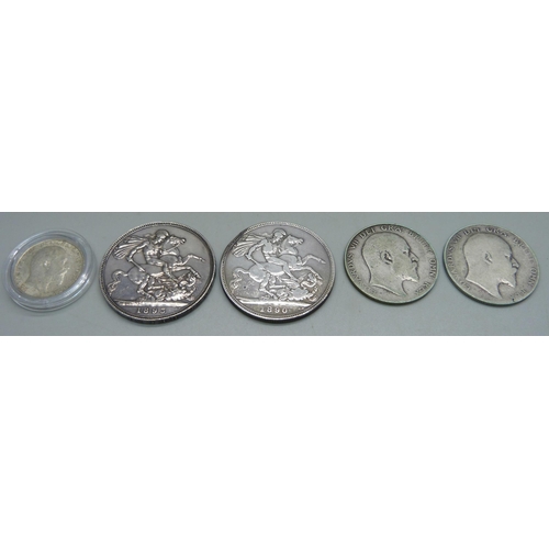 976 - Two Victorian silver crowns, 1890 and 1893, and three Edward VII coins