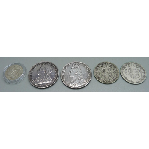 976 - Two Victorian silver crowns, 1890 and 1893, and three Edward VII coins