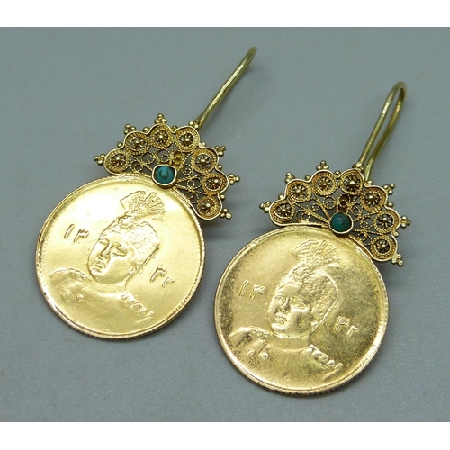 981 - A pair of yellow metal mounted earrings, Persian 1914 1 Toman coins, 0.900, 7.5g, 4.2cm drop