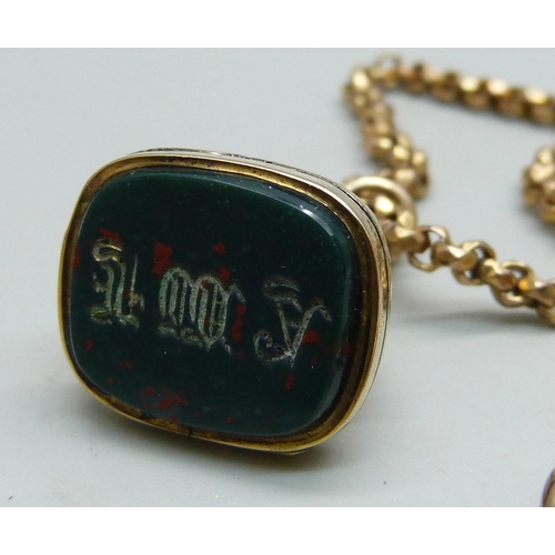 991 - An antique 9ct gold long guard chain and a 9ct gold secret locket fob, initials to bloodstone seal, ... 