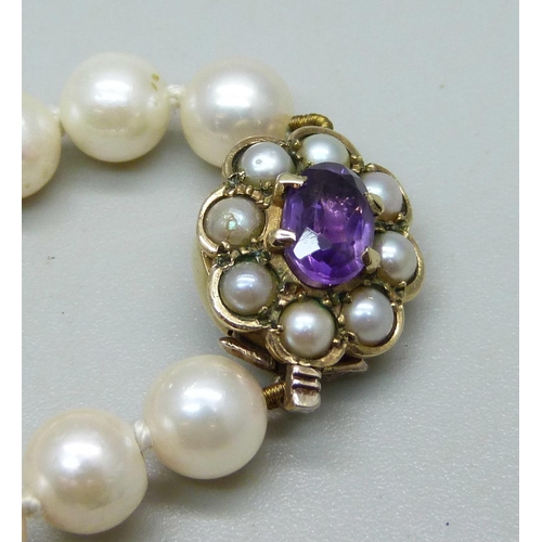 994 - A long pearl necklace with 9ct gold clasp set with an amethyst and pearls, 83cm, 47g