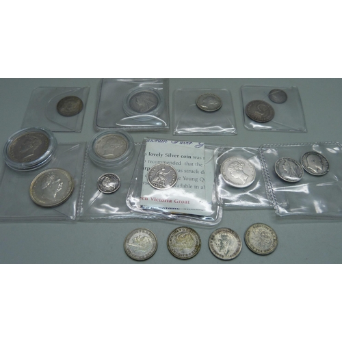 997 - A collection of silver coins; 1763 3d, 1800 1d, 1838 1½d, 1836 four pence, 1839 four pence, 1838 fou... 