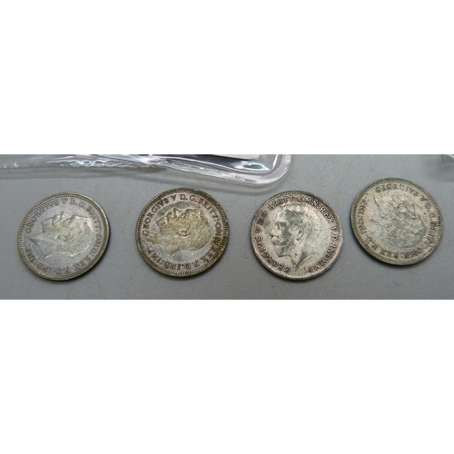 997 - A collection of silver coins; 1763 3d, 1800 1d, 1838 1½d, 1836 four pence, 1839 four pence, 1838 fou... 