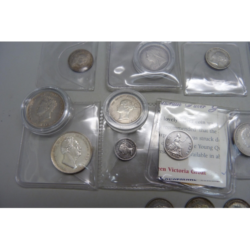 997 - A collection of silver coins; 1763 3d, 1800 1d, 1838 1½d, 1836 four pence, 1839 four pence, 1838 fou... 