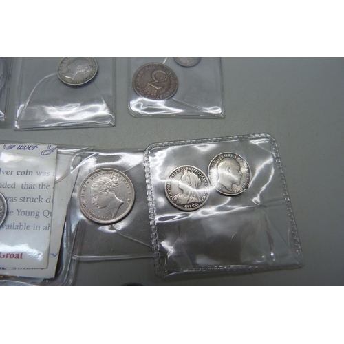 997 - A collection of silver coins; 1763 3d, 1800 1d, 1838 1½d, 1836 four pence, 1839 four pence, 1838 fou... 