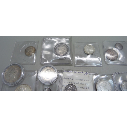 997 - A collection of silver coins; 1763 3d, 1800 1d, 1838 1½d, 1836 four pence, 1839 four pence, 1838 fou... 