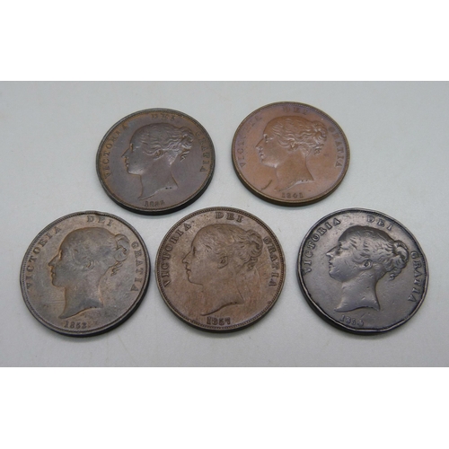 998 - Five Victorian one penny coins, 1841, 1853, 1854, 1855 and 1857