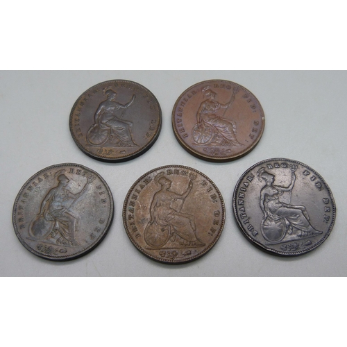 998 - Five Victorian one penny coins, 1841, 1853, 1854, 1855 and 1857