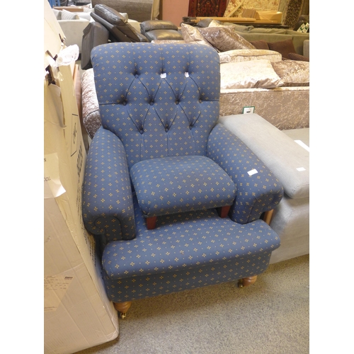 1527 - A blue upholstered armchair and stool