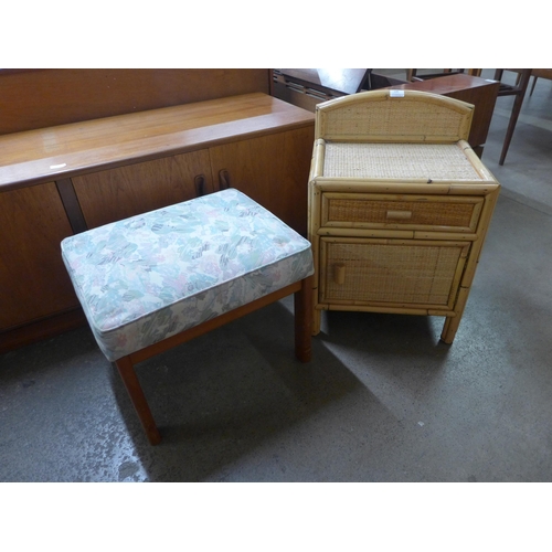 104 - A G-Plan teak stool and a bamboo and rattan bedside table