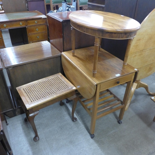 193 - A Victorian style walnut and upholstered stool, a tripod wine table, a teak coffee table and three o... 