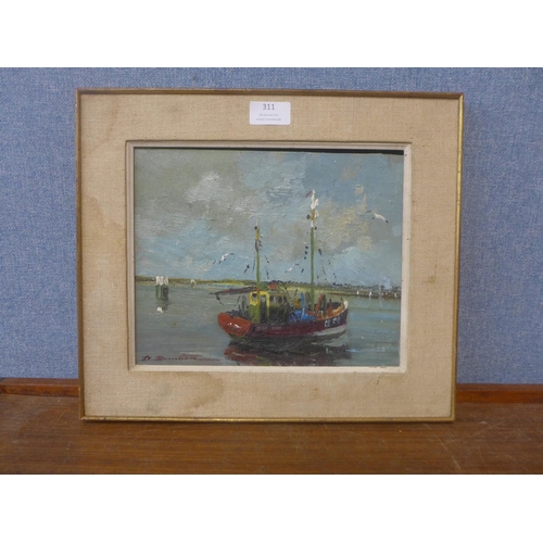 311 - French Impressionist School, fishing trawler in a harbour, oil on canvas, indistinctly signed, frame... 