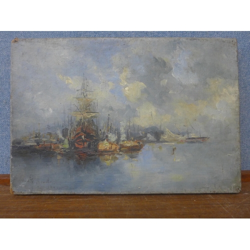 312 - French Impressionist School, ships in a harbour, oil on canvas, indistinctly signed, unframed