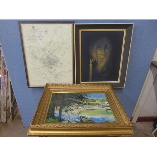 318 - A map of Nottingham, a Stephen Pearson print and a landscape oil painting