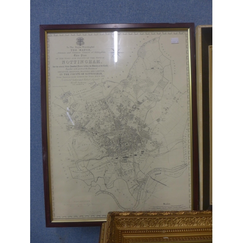 318 - A map of Nottingham, a Stephen Pearson print and a landscape oil painting