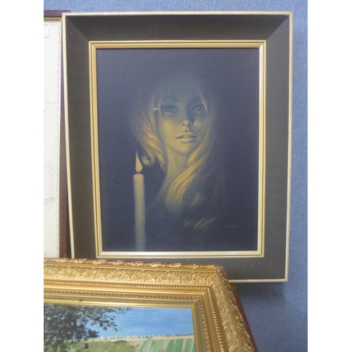 318 - A map of Nottingham, a Stephen Pearson print and a landscape oil painting